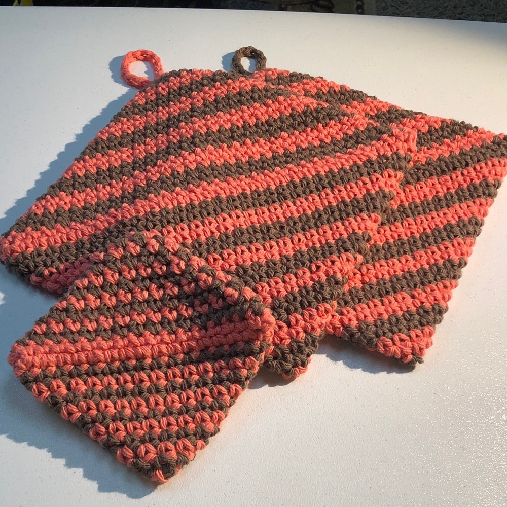 2-Handmade Crochet Pot Holders and 1 soft cotton kitchen scrubby Coral and Brown